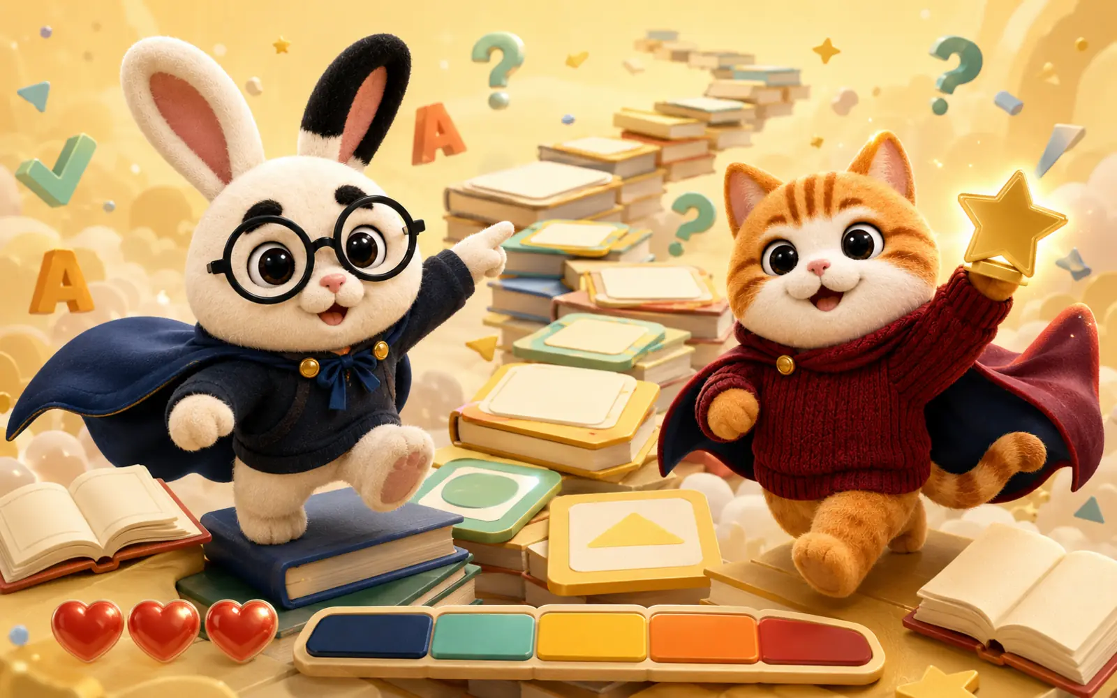 Conejo y gato entrenando con bancos interactivos