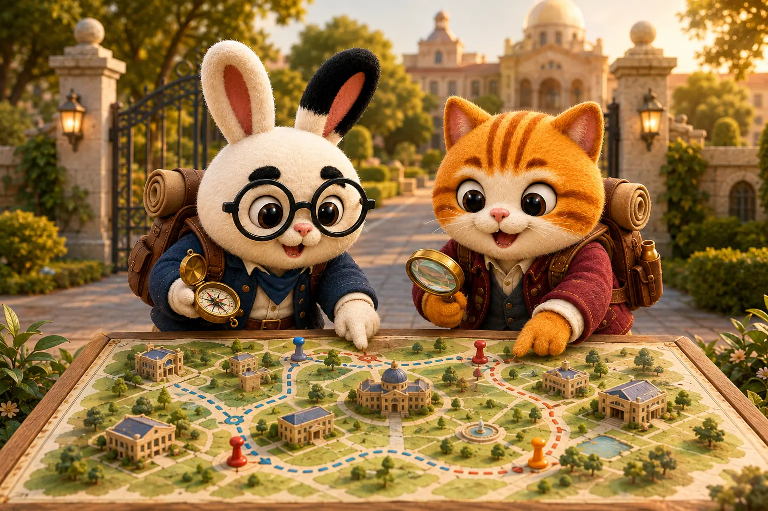 Conejo y gato exploradores frente al mapa de la UNT
