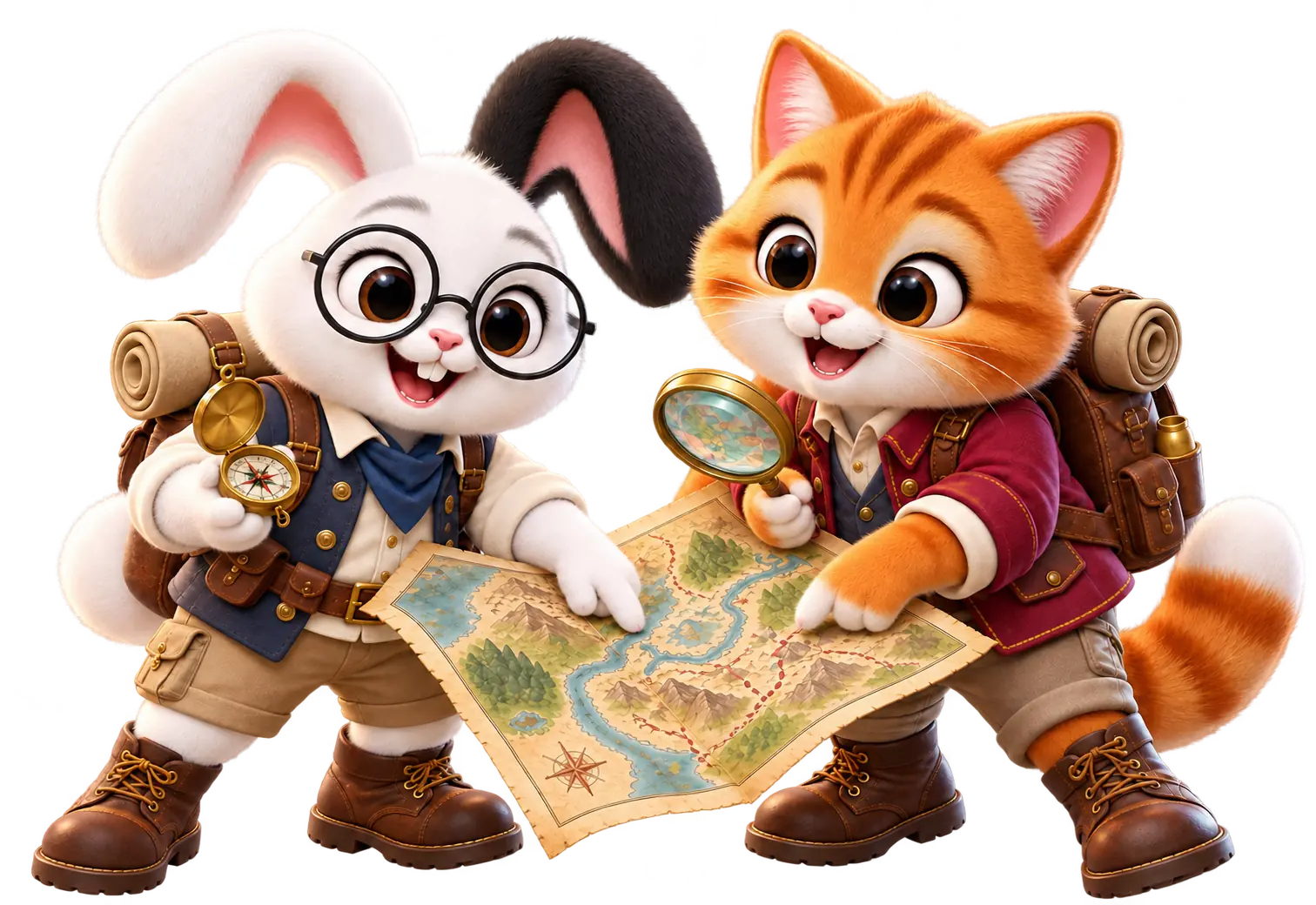 Conejo cartógrafo y gato explorador tiernos revisando juntos el mapa de la UNT