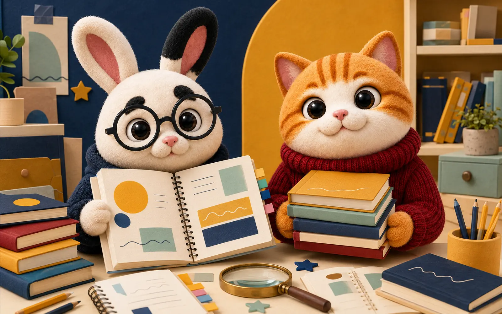 Conejo y gato presentando resúmenes y compendios