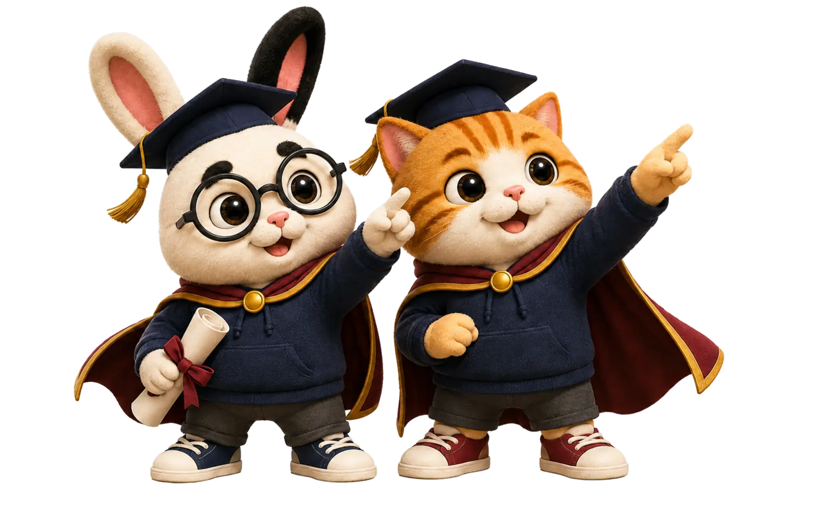 Conejo y gato graduados guiando una ruta vocacional