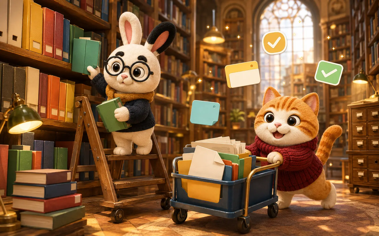 Conejo y gato organizando una biblioteca académica