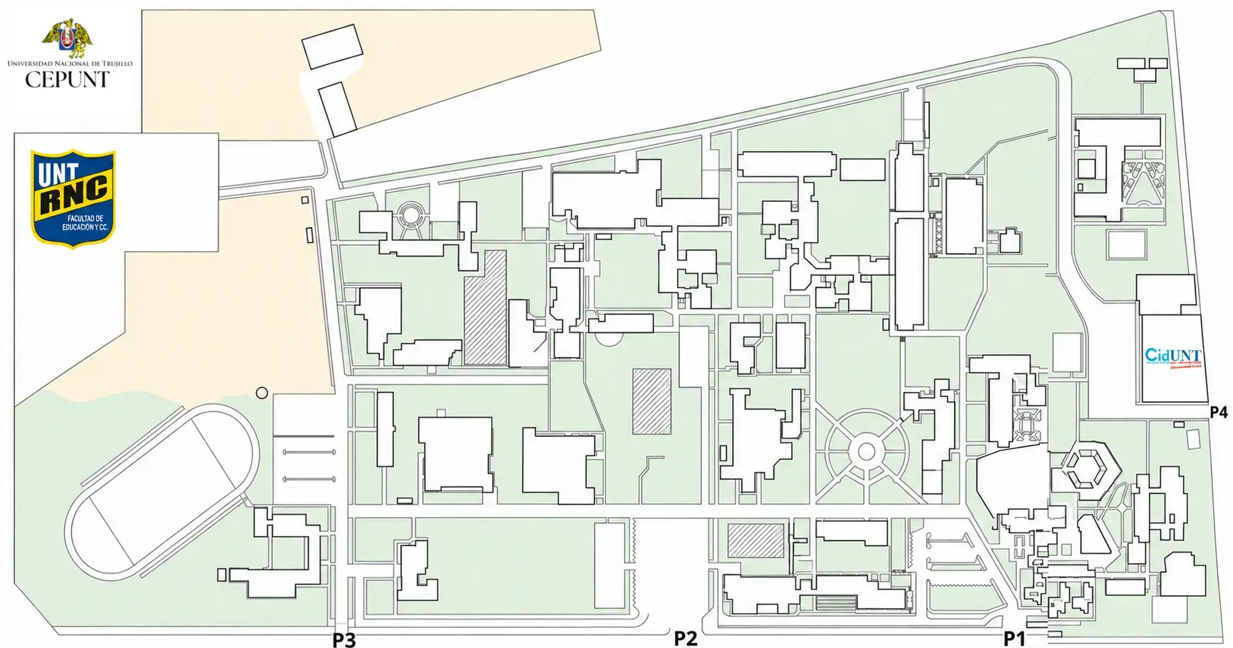 Croquis limpio y referencial de la Ciudad Universitaria de la UNT con las puertas 1, 2, 3 y 4