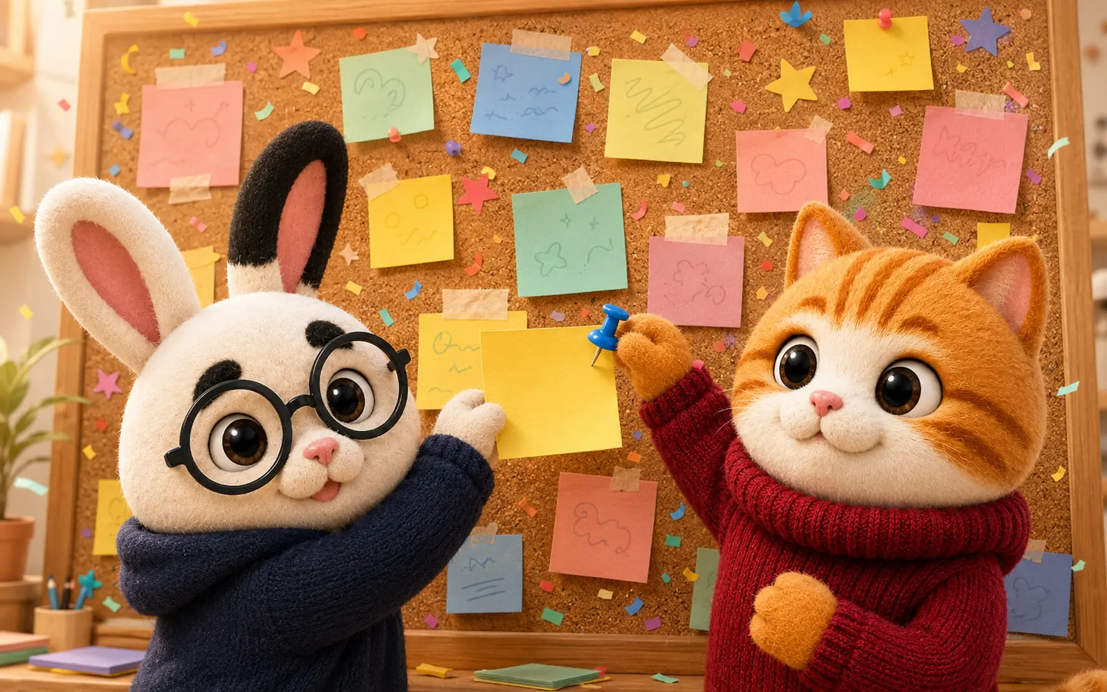 Conejo y gato junto al mural de promesas