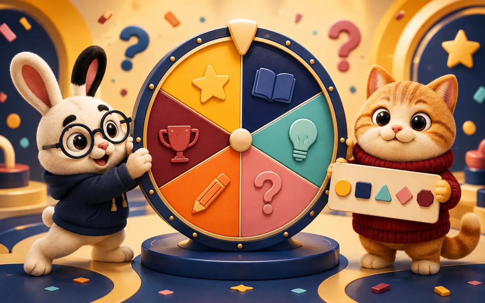 Conejo y gato jugando una ruleta de preguntas