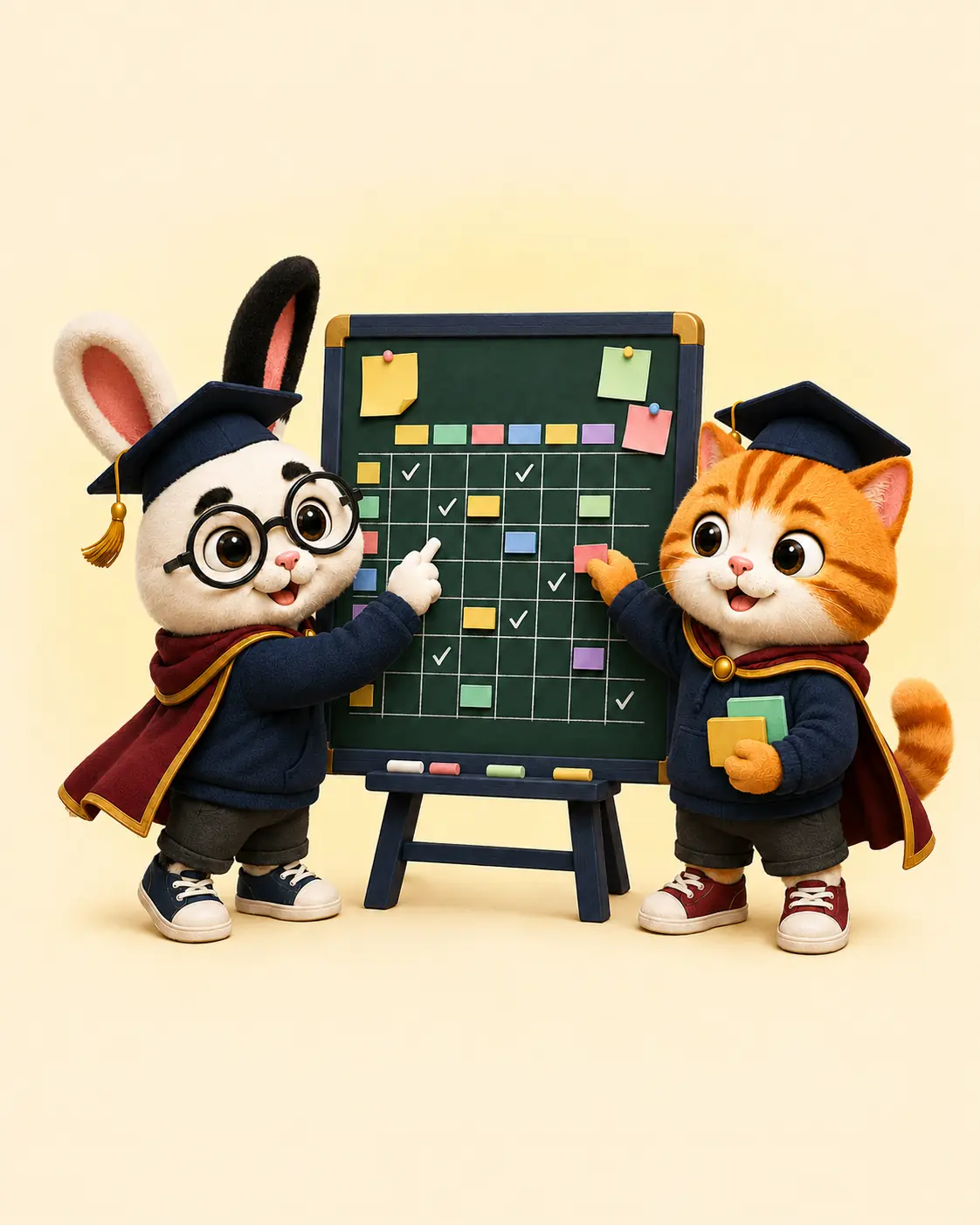 Conejo y gato creando juntos su horario de estudios en una pizarra