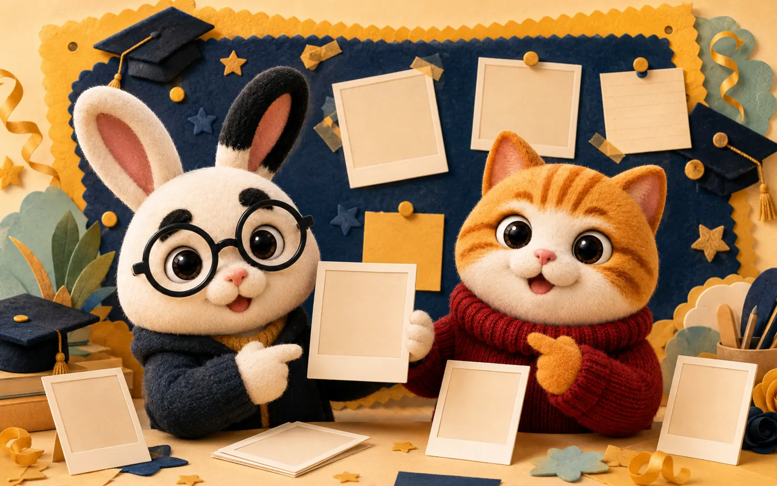 Conejo y gato presentando un álbum de ingresantes a la UNT